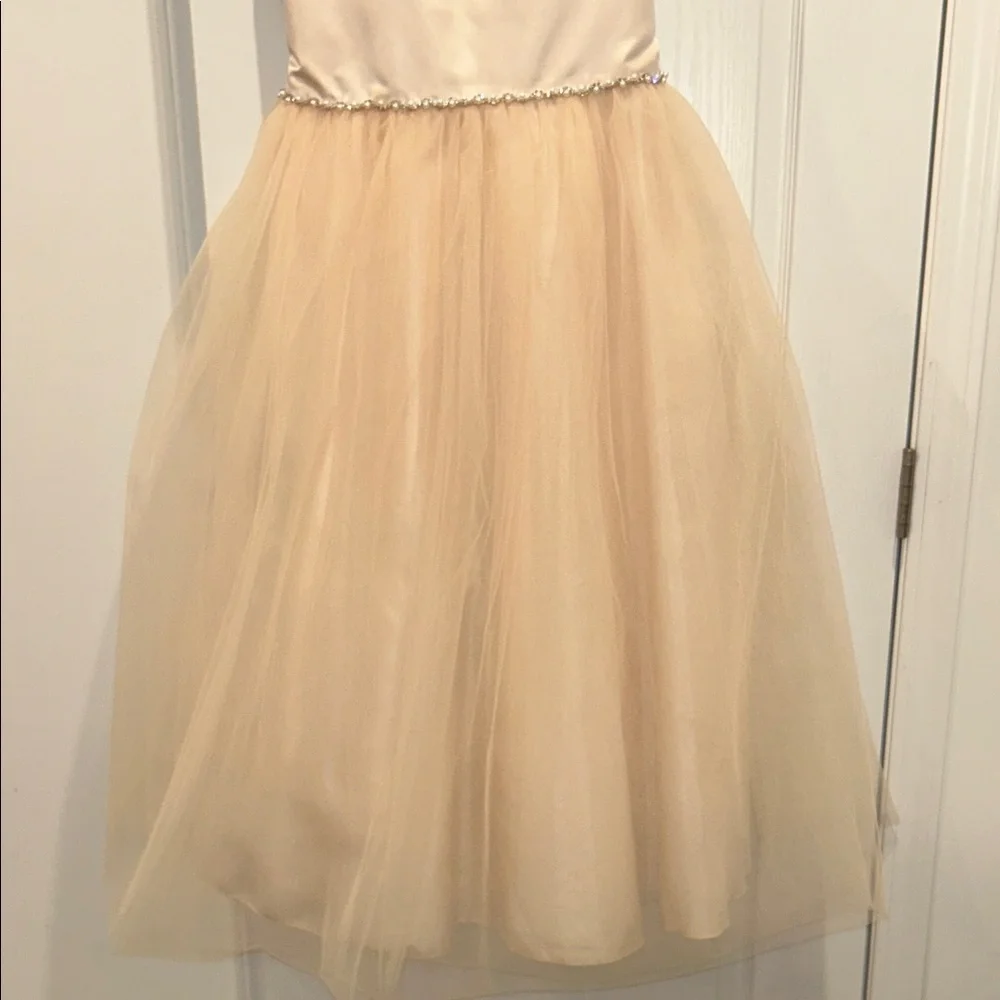 Kid’s Dream Satin Top Girls Dress with Wavy Rhinestone & Pearl Trim, Size 18.5